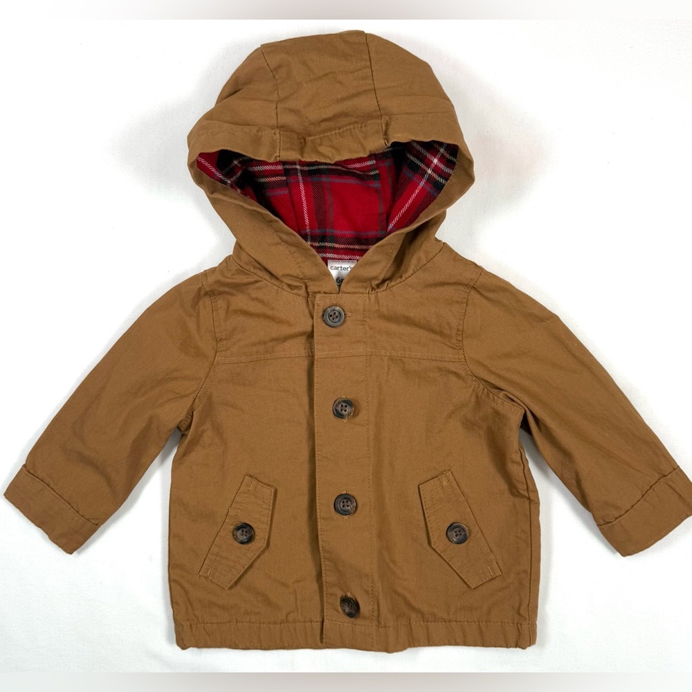 CARTER’S Baby Hooded Chore Jacket 6M Plaid Lined Coat Classic Utility Retro Fall